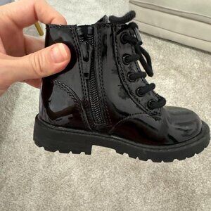 🆕Girls Black Faux Leather Toddler Ankle Lace Up Side Zipper Combat Shoes Boots
